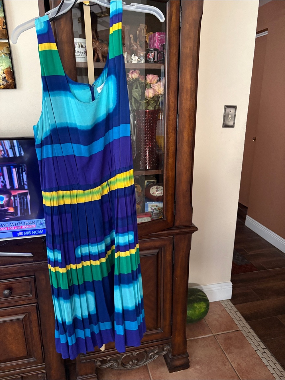 Calvin Klein Blue, Teal & Yellow Striped Pleated Dress
